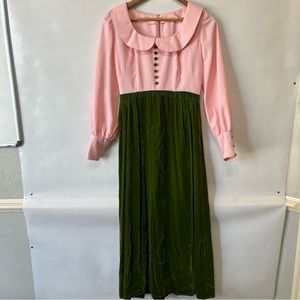 Vtg Pink Green Velvet 60’s 70’s Maxi Dress Peter Pan Collar